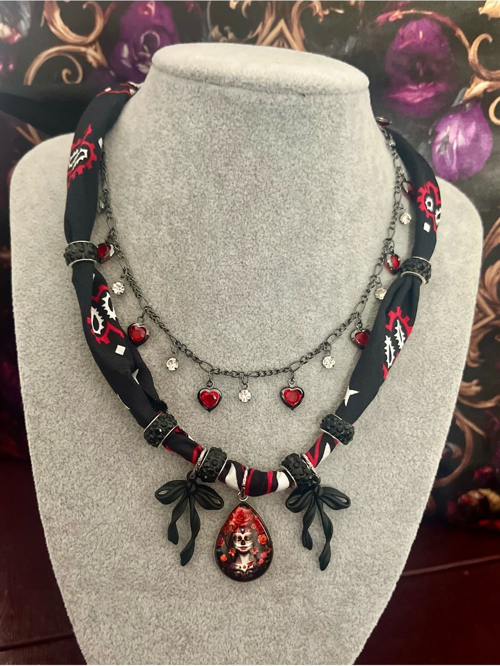 Bohemian Black & Red Day of the Dead Senorita Bandana Pendant Scarf & Chain